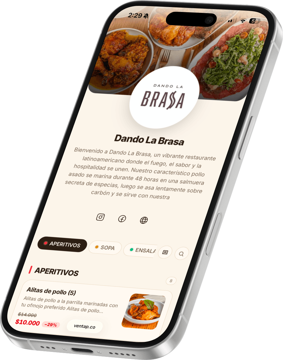 Menú digital de Dando La Brasa abierto en un iPhone: portada, logo, categorías y platos con precio.